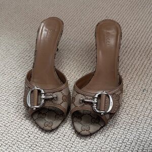 Gucci Tan Monogram Mules with Silver Buckle